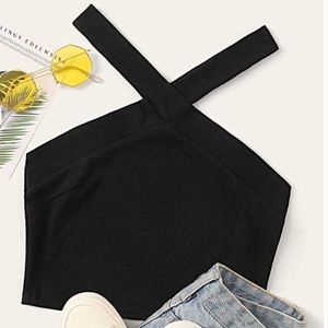 solid rib-knit criss cross halter top